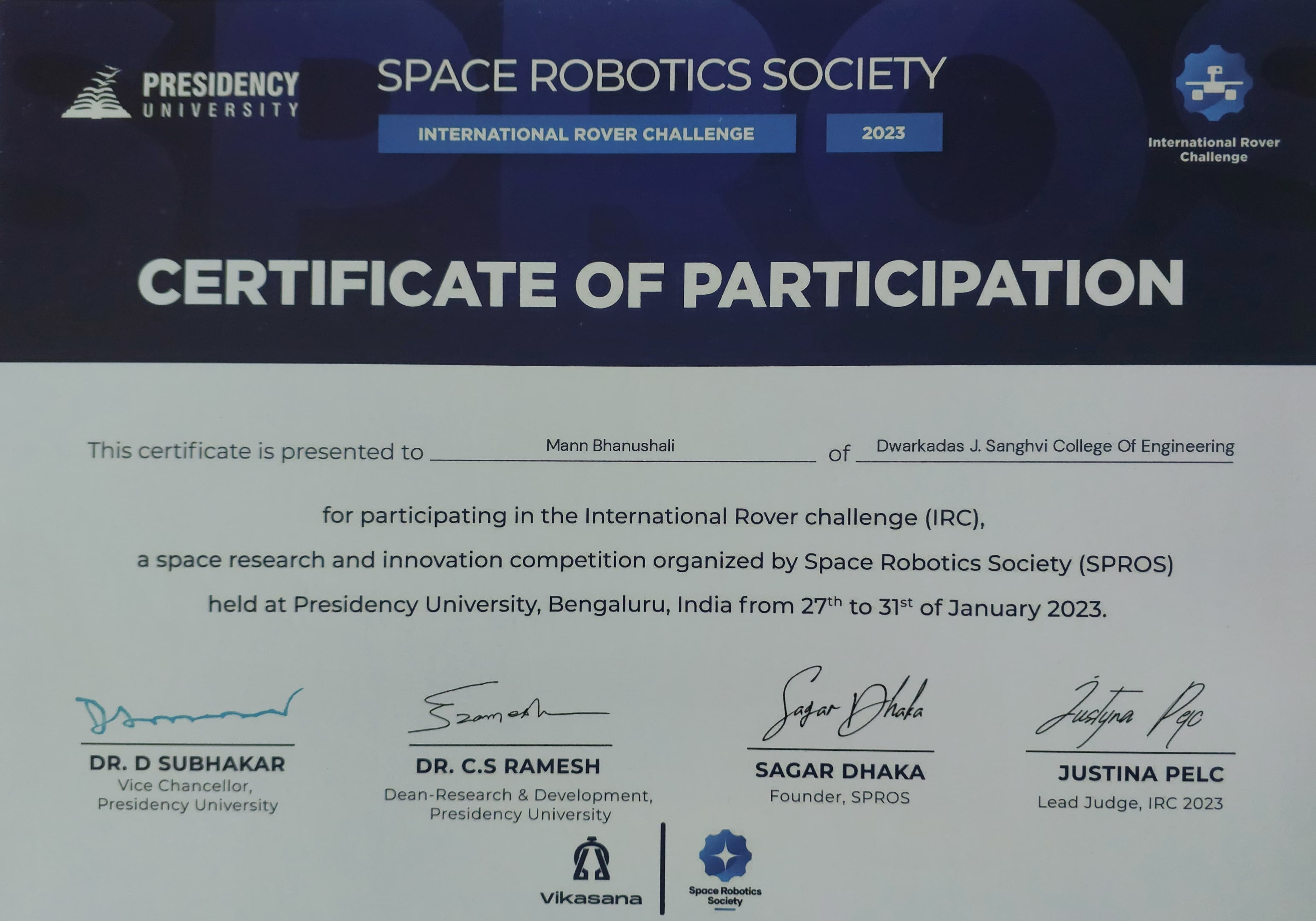 IRC23 Participation Certificate