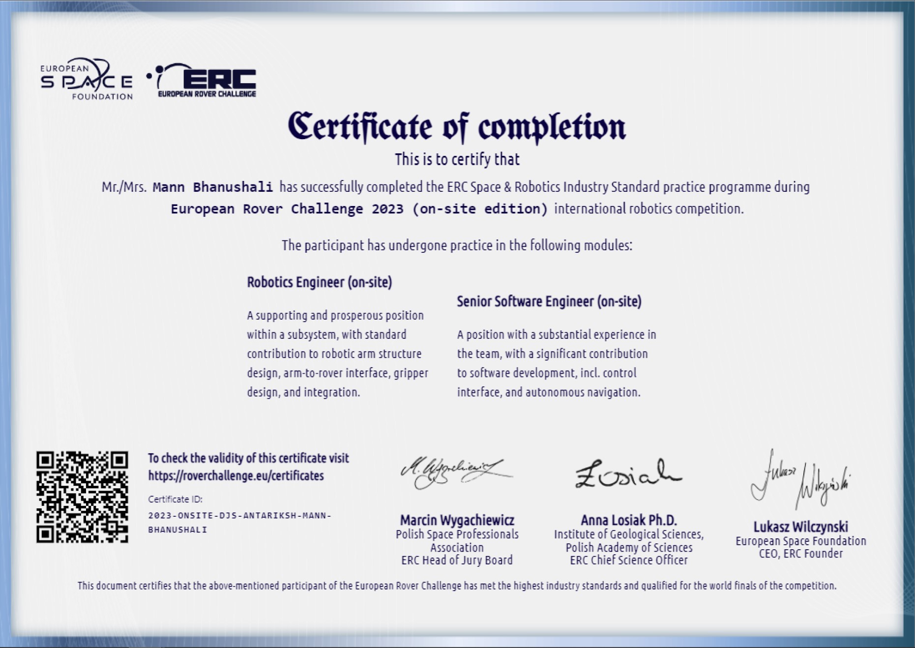 ERC23 Onsite Certificate